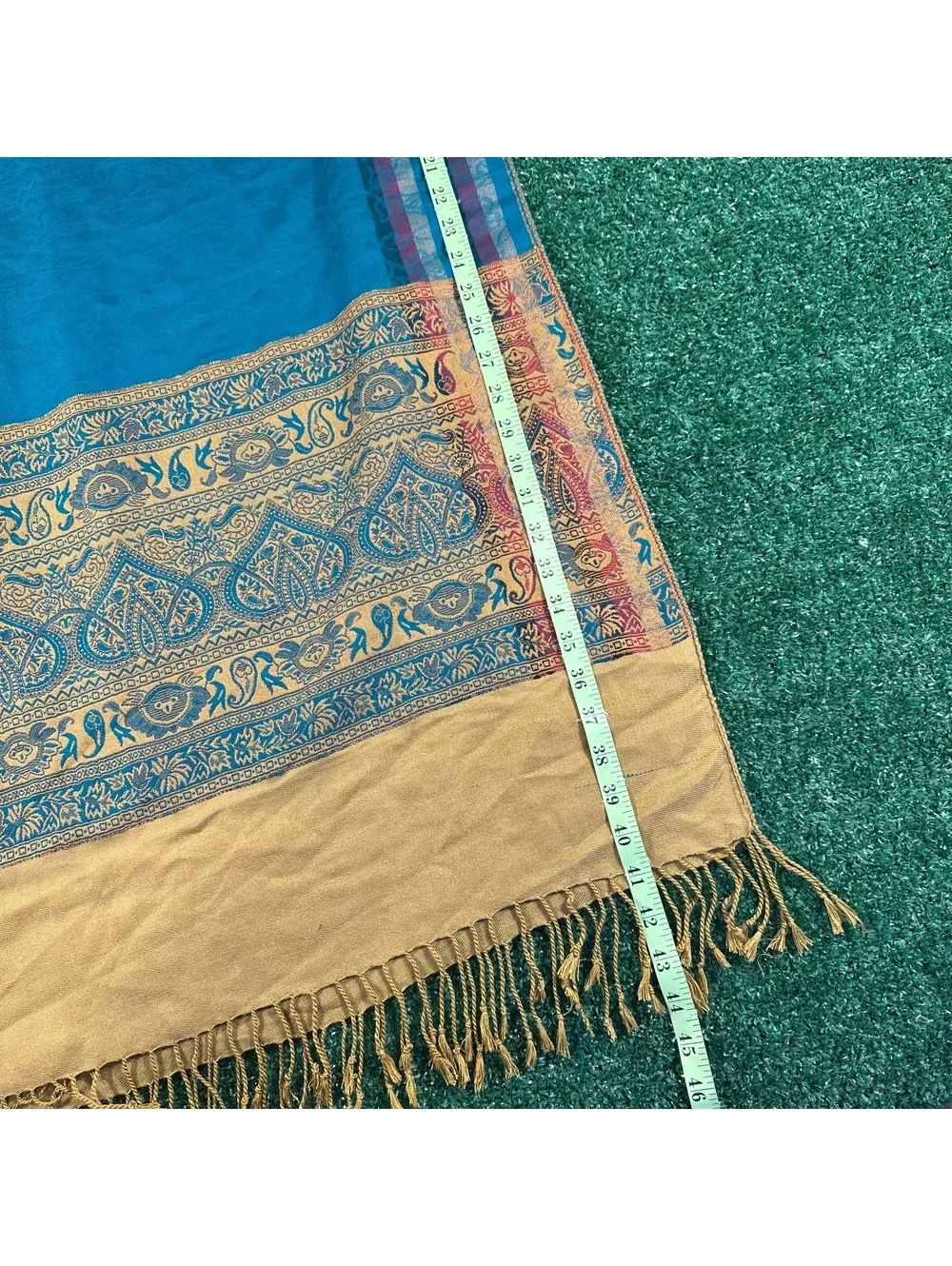 vibrant teal and mustard-gold woven pashmina shawl